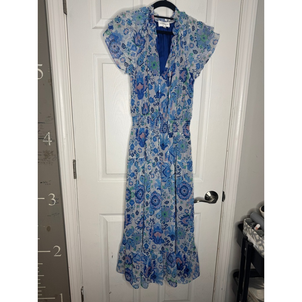 LAVENDER BROWN Blue Ruffle Floral Midi Dress Size S Garden Party Feminine